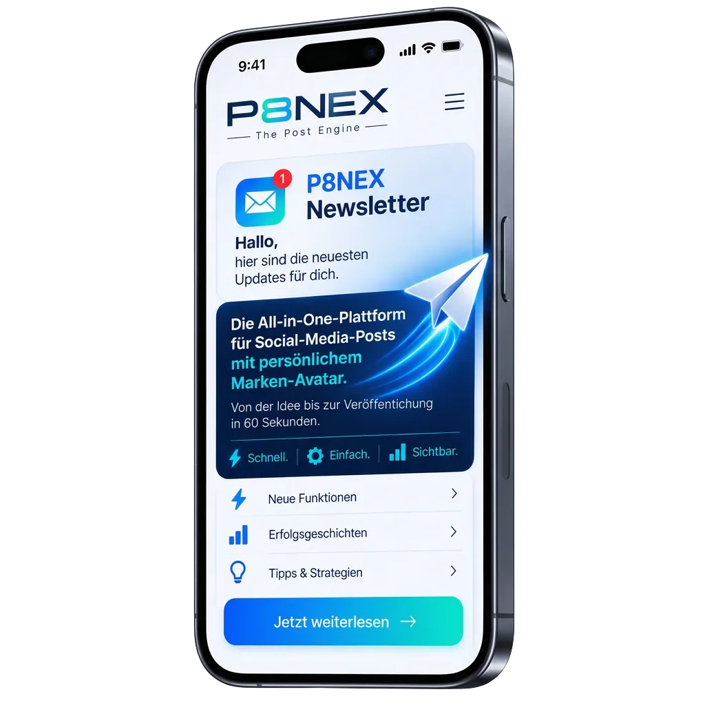 P8NEX-Newsletter auf einem freigestellten Smartphone