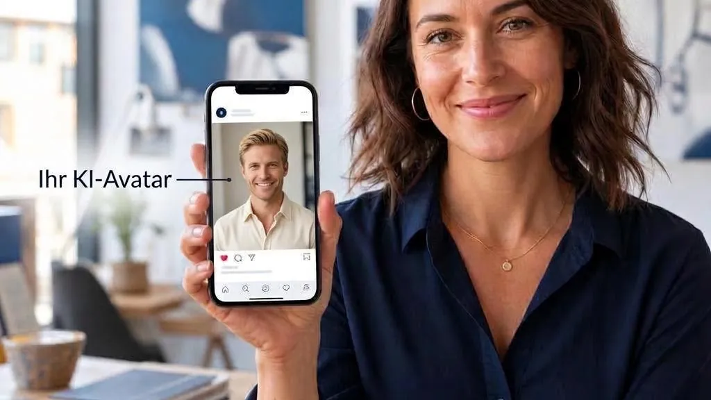 Unternehmerin zeigt ihren Social-Media-Post auf dem Smartphone.